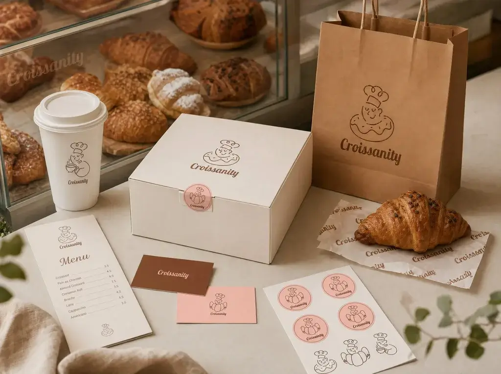 Croissanity box, paper bag, cup, menu and stickers on a bakery counter