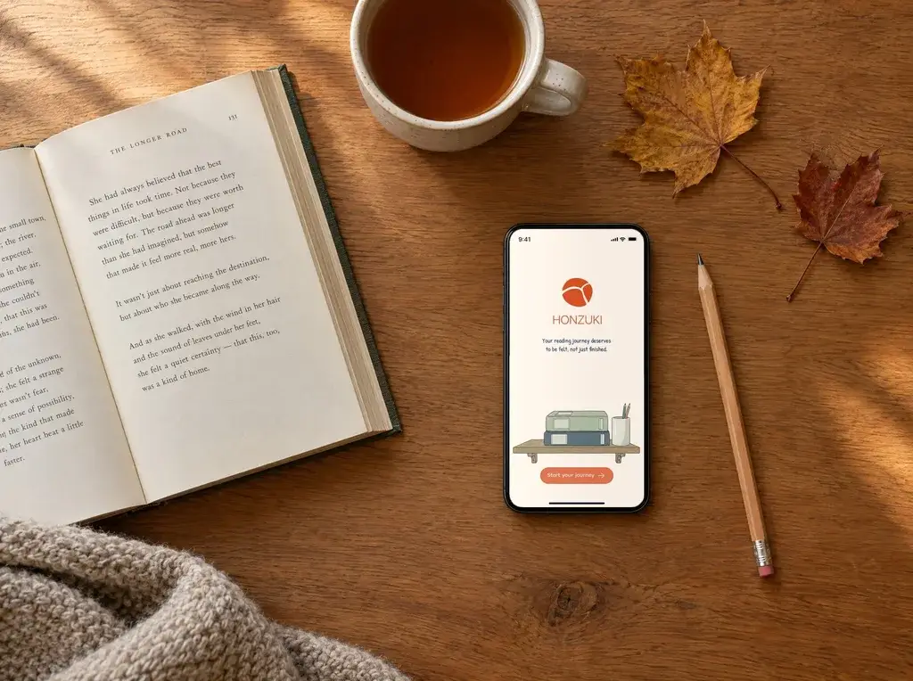 Honzuki app on a phone next to an open book