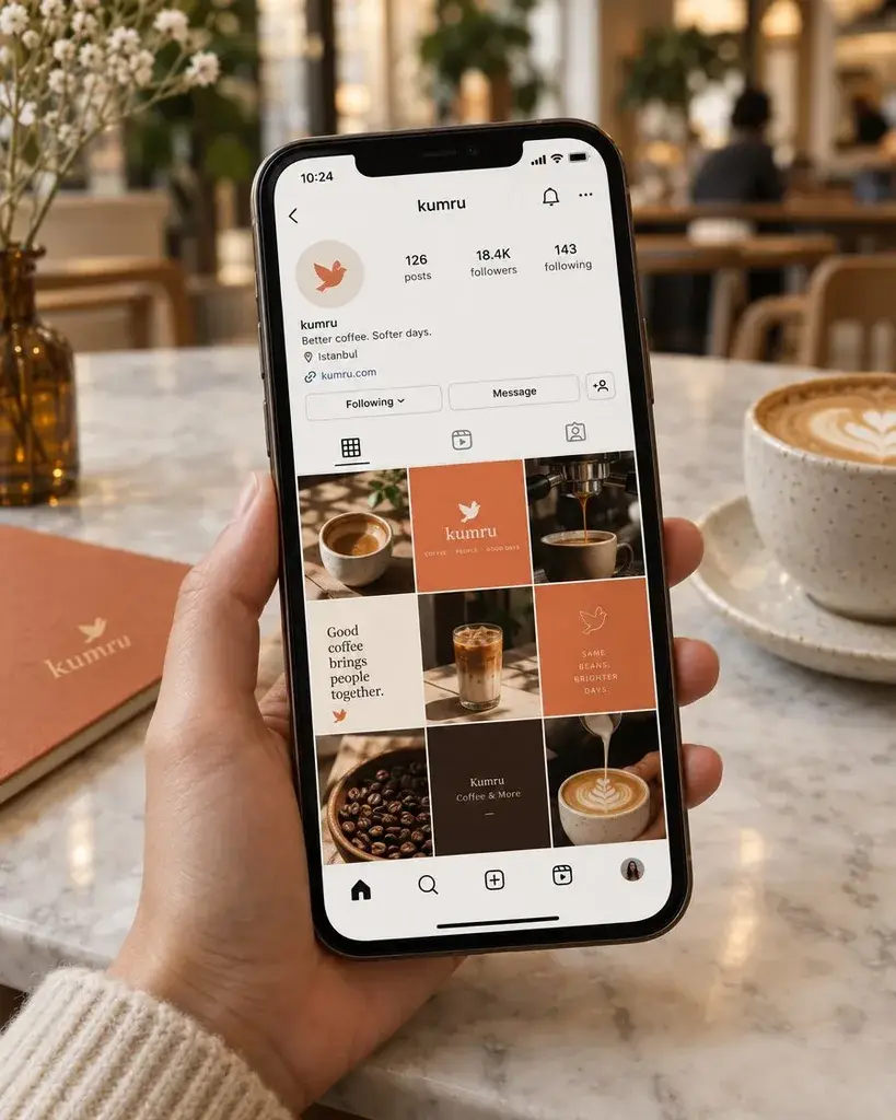 Phone showing an Instagram grid for a coffee shop concept brand